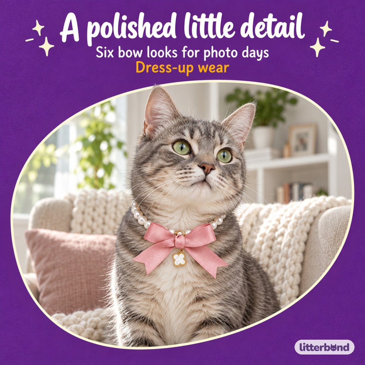 Pearl Bow Pendant Necklace on a cat