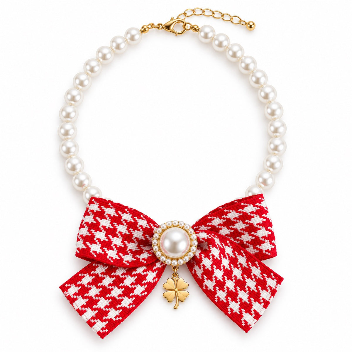 Pearl Bow Pendant Necklace - Houndstooth Bow