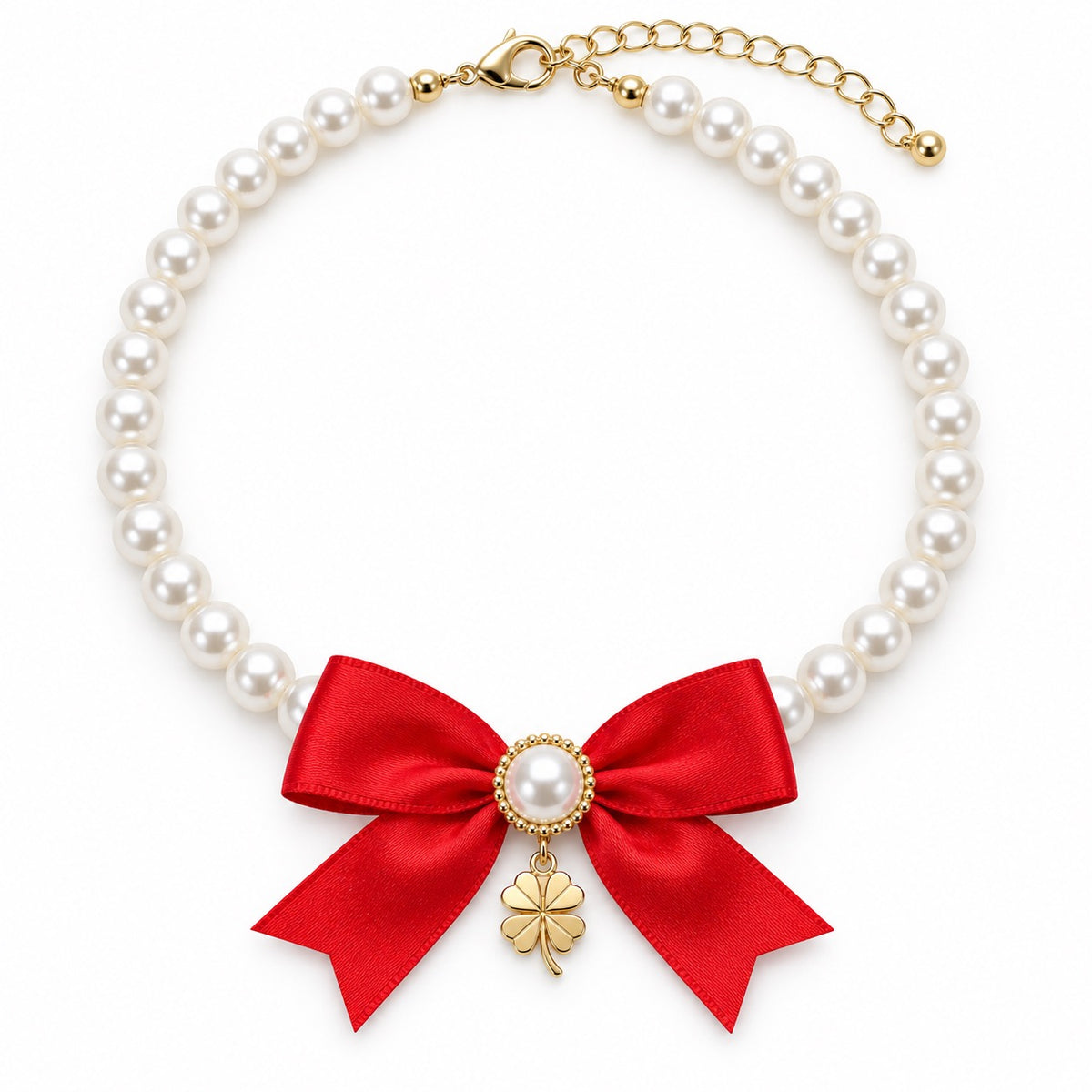 Pearl Bow Pendant Necklace - Red Bow