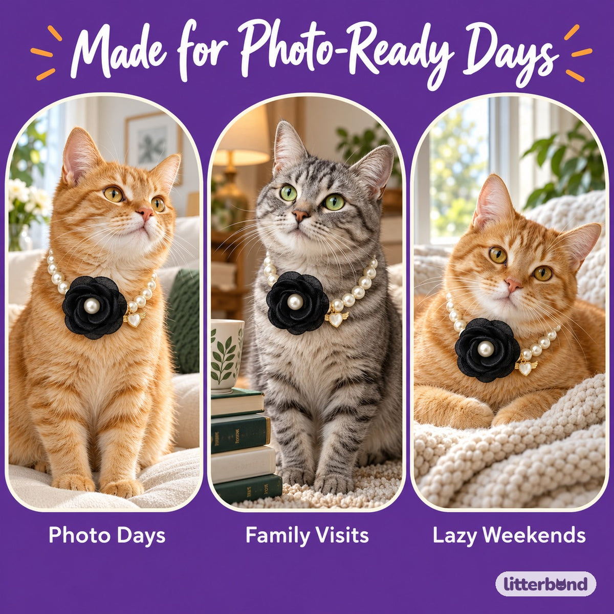 Layered Flower Pearl Necklace for Photos on a cat at home