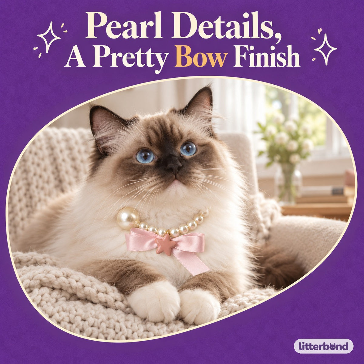 Pearl Bow Necklace for Photos on a cat