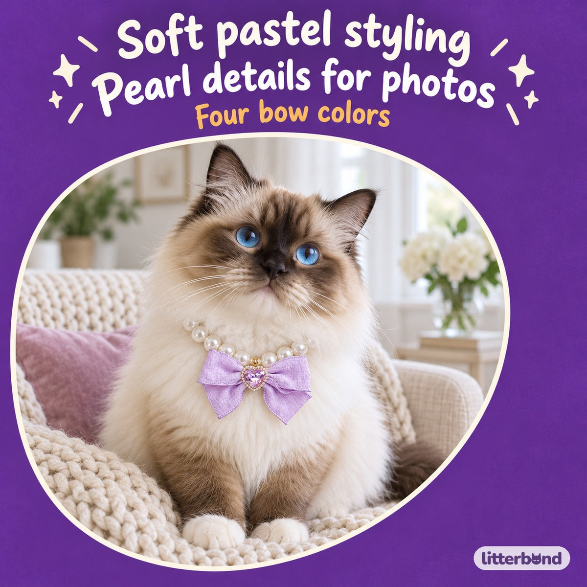 Pastel Bow Pearl Necklace on a cat