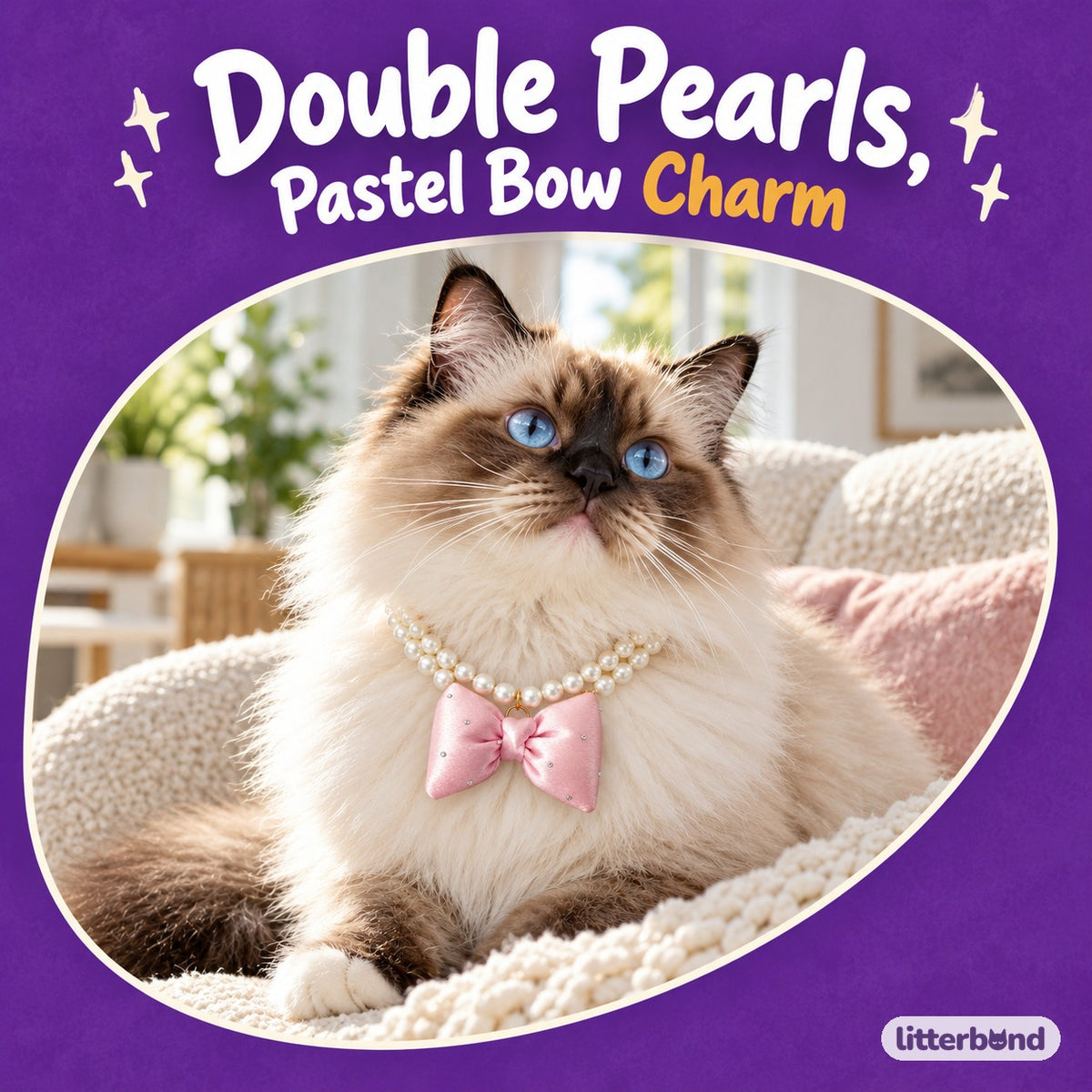 Double-Pearl Bow Necklace for Photos on a cat