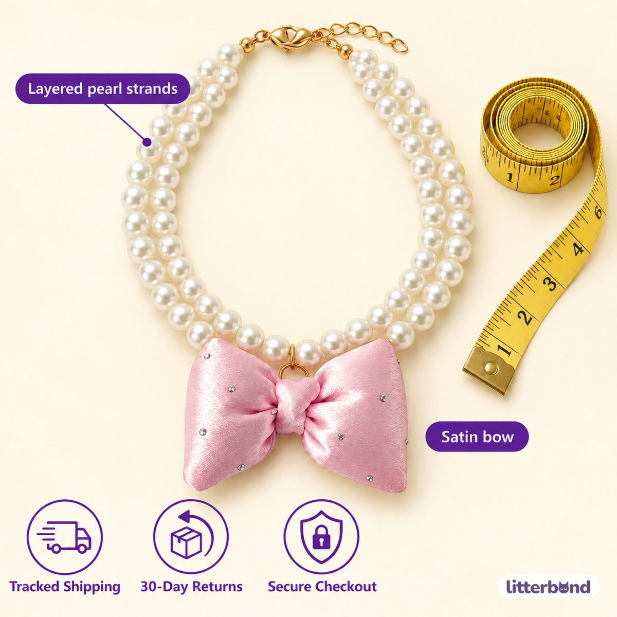 Double-Pearl Bow Necklace for Photos - size and details