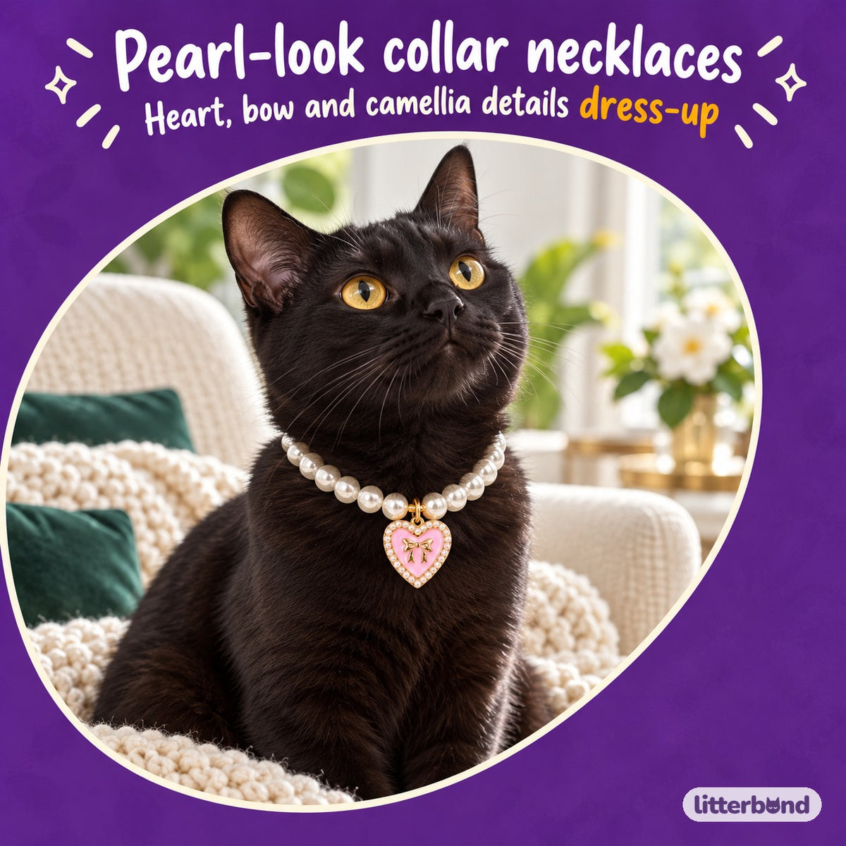 Rhinestone Heart Pearl Necklace on a cat