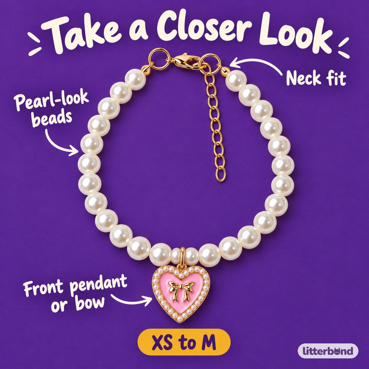 Rhinestone Heart Pearl Necklace - close-up details