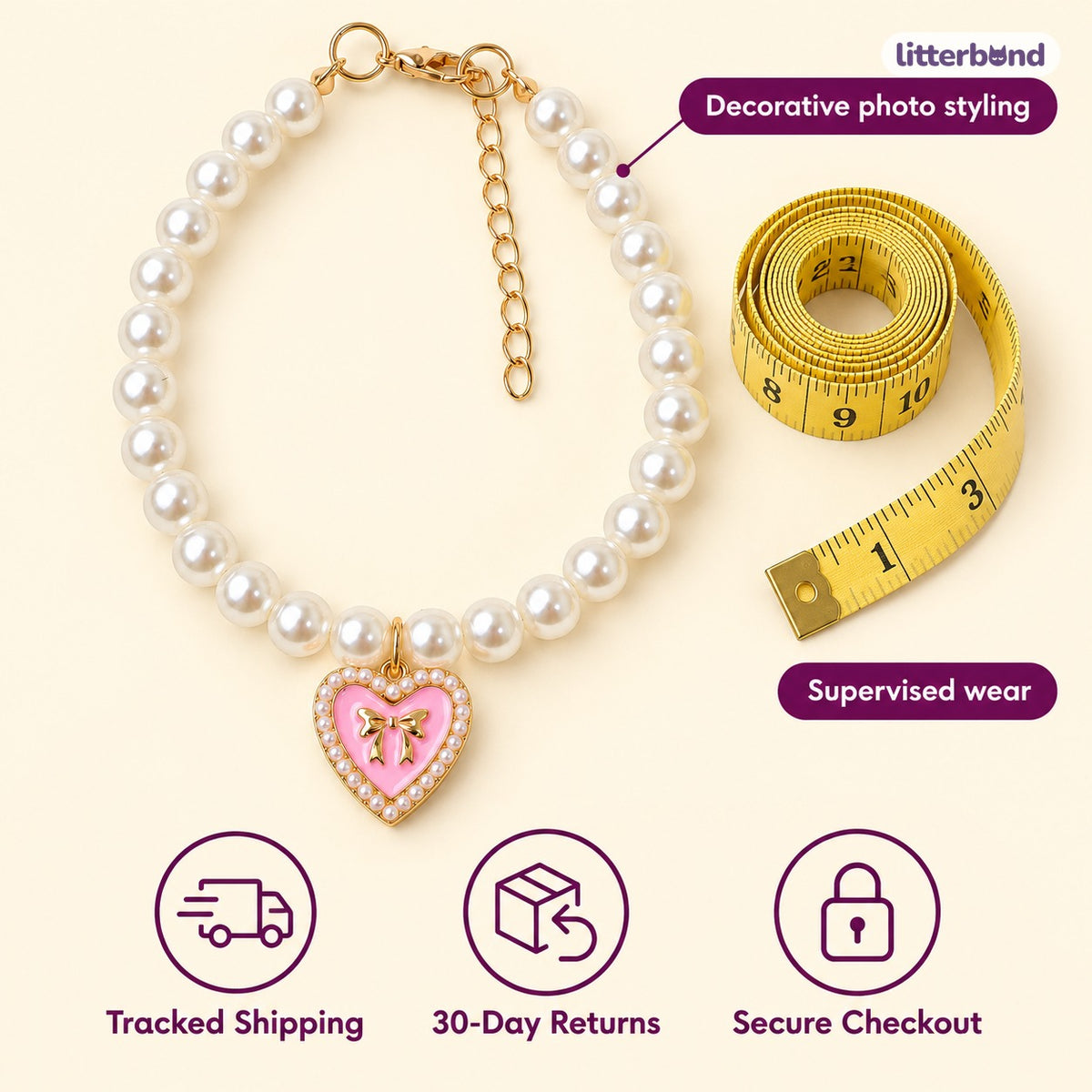 Rhinestone Heart Pearl Necklace - size and details