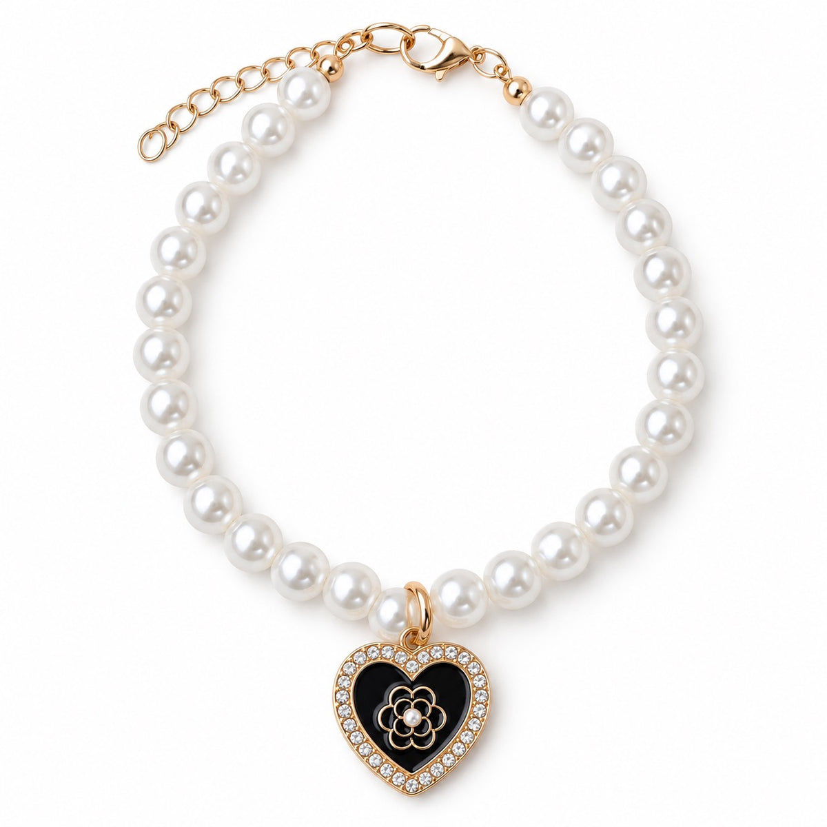 Rhinestone Heart Pearl Necklace - Black Camellia Heart