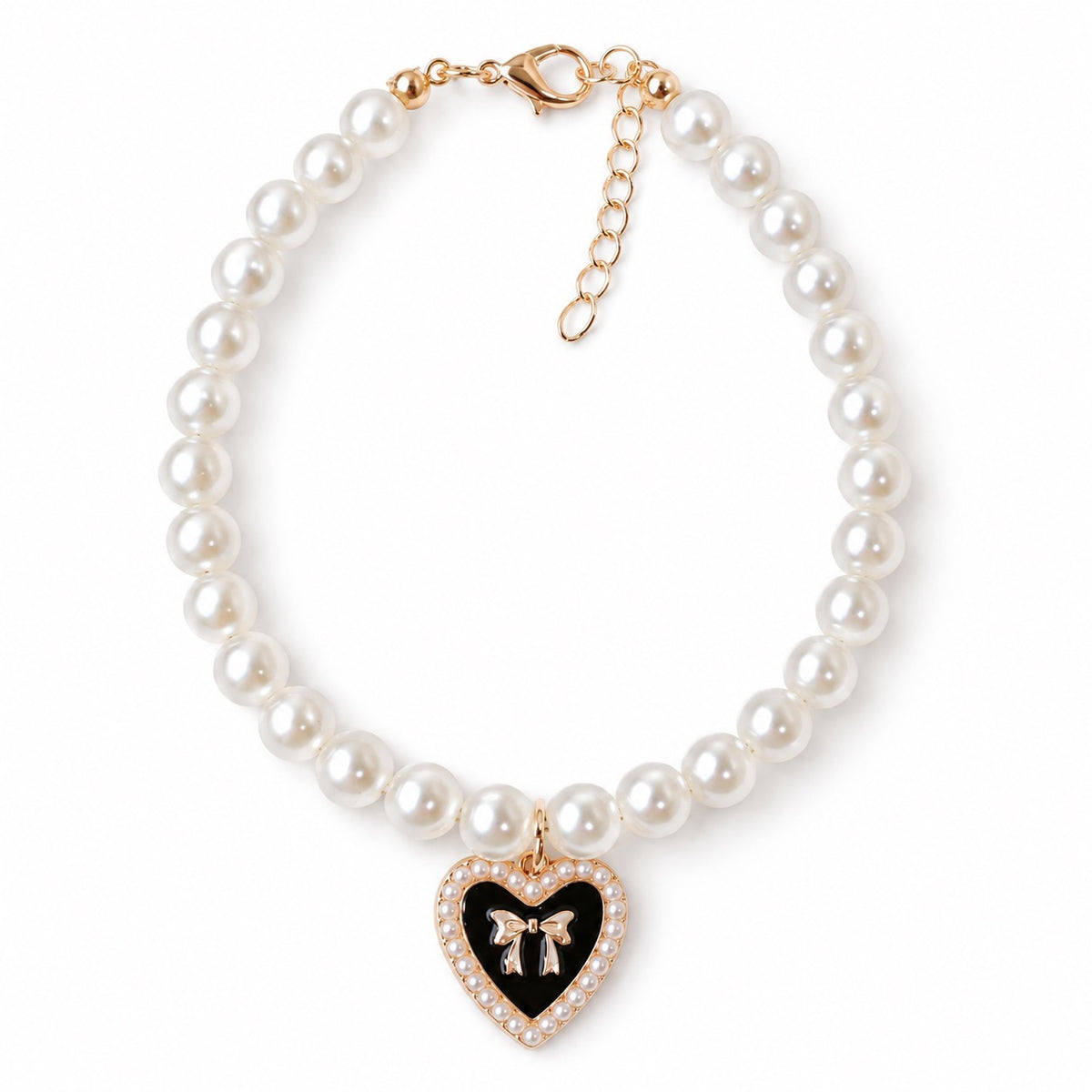 Rhinestone Heart Pearl Necklace - Black Heart Bow