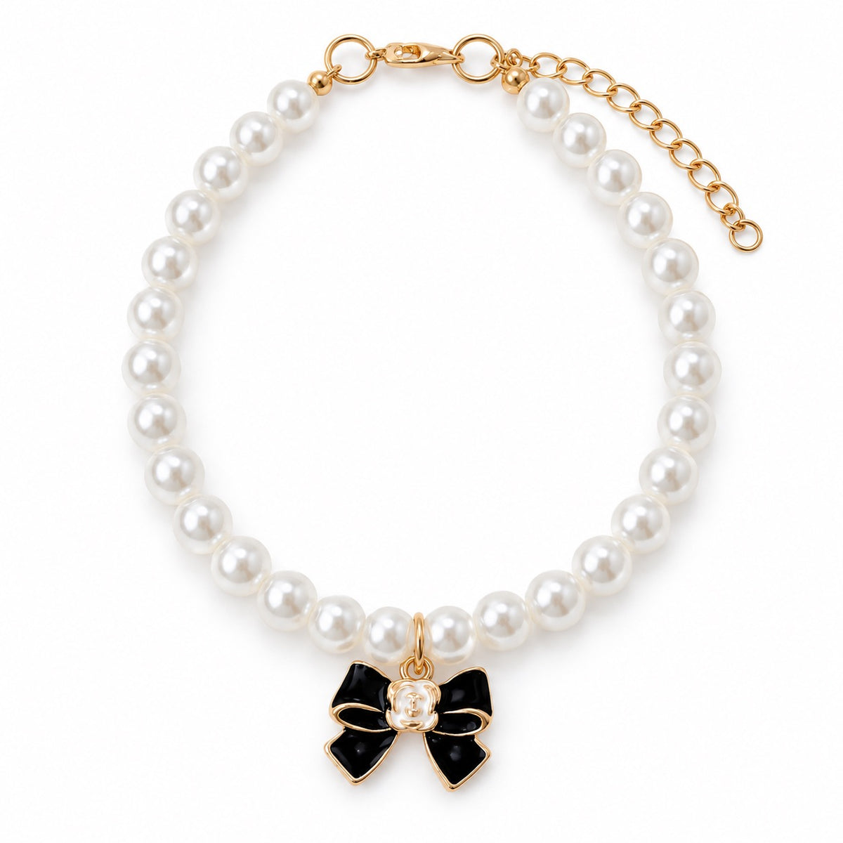 Rhinestone Heart Pearl Necklace - Black Bow