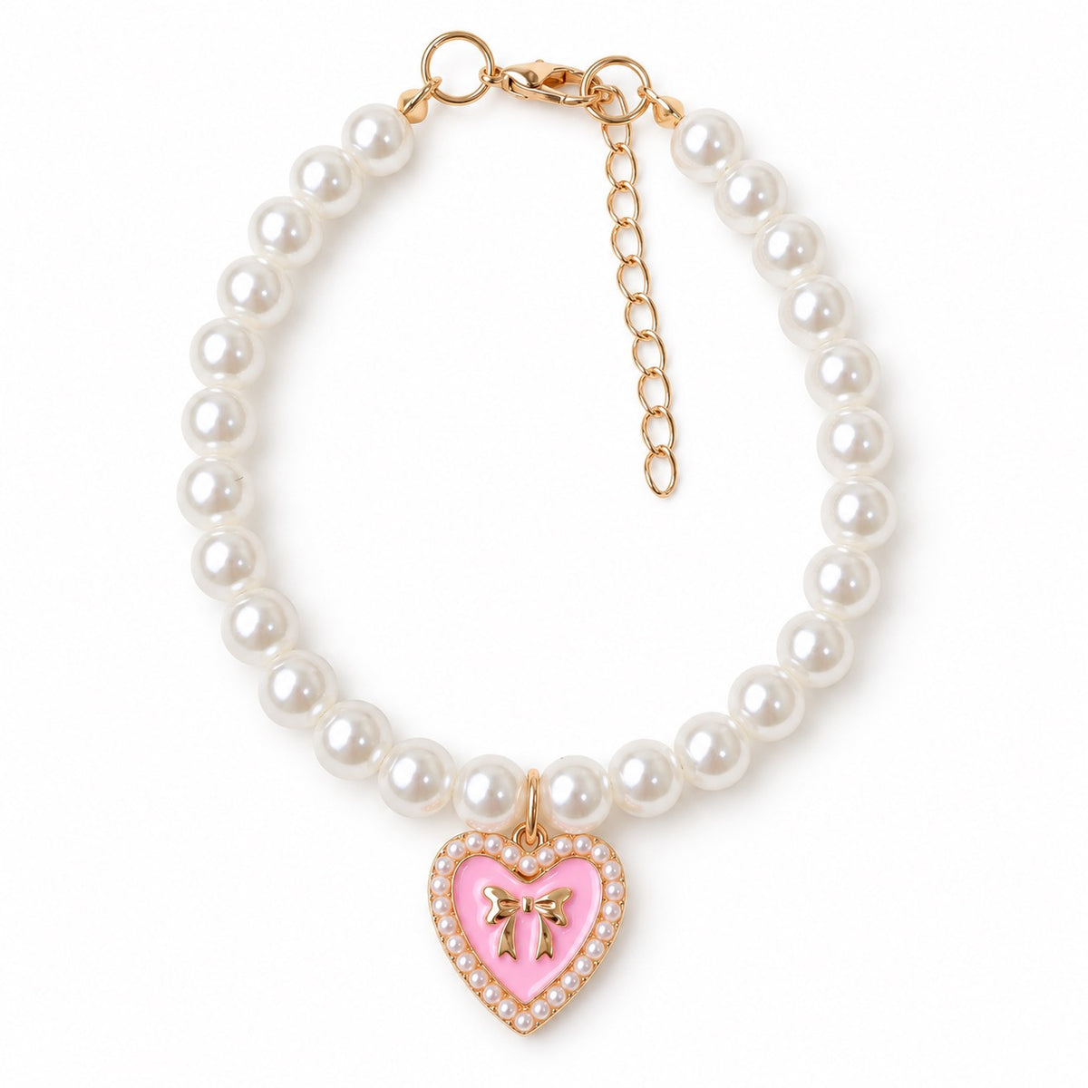 Rhinestone Heart Pearl Necklace - Pink Heart Bow