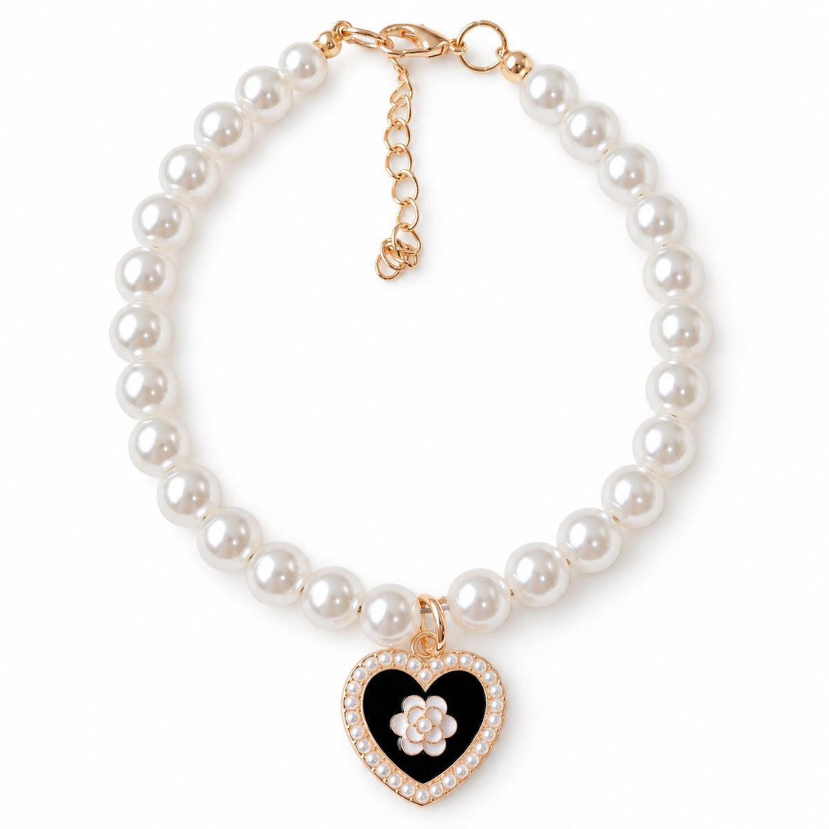 Rhinestone Heart Pearl Necklace - White Camellia Heart