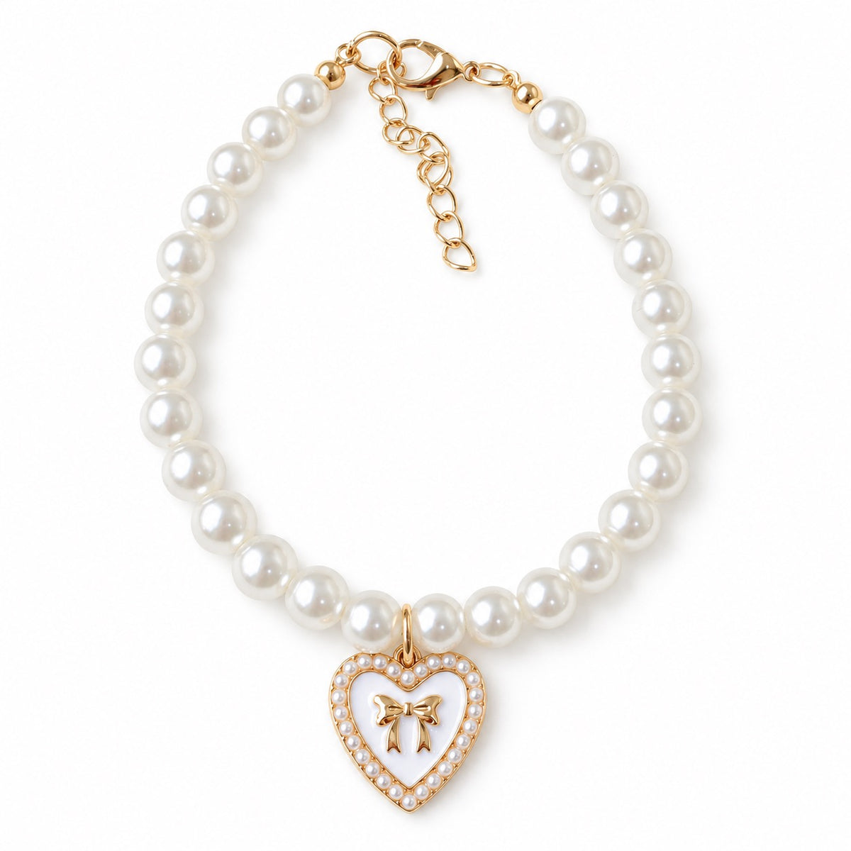 Rhinestone Heart Pearl Necklace - White Heart Bow