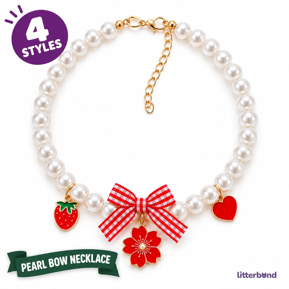 Gingham Bow Pearl Charm Necklace