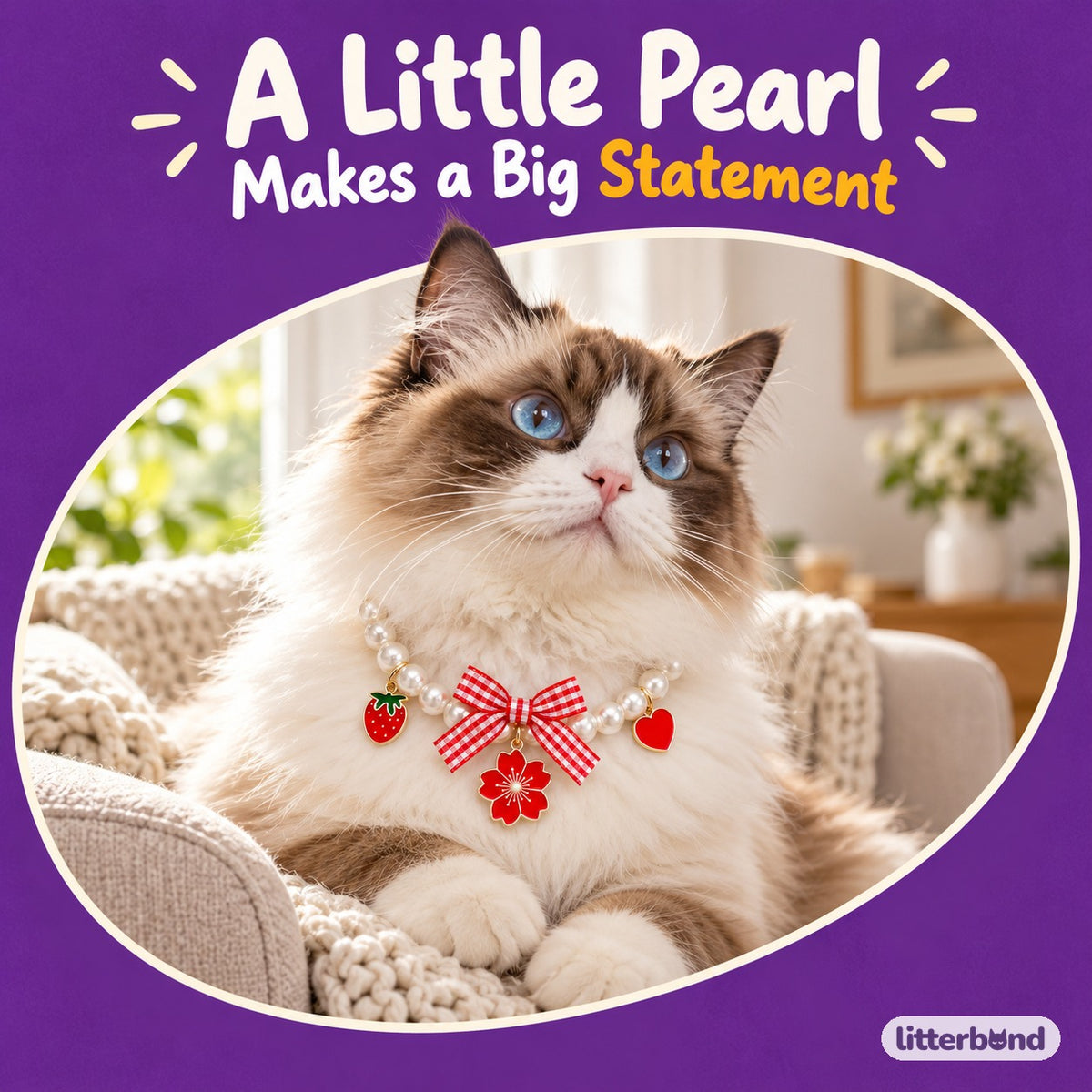 Gingham Bow Pearl Charm Necklace on a cat