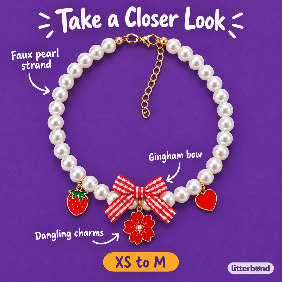 Gingham Bow Pearl Charm Necklace - close-up details
