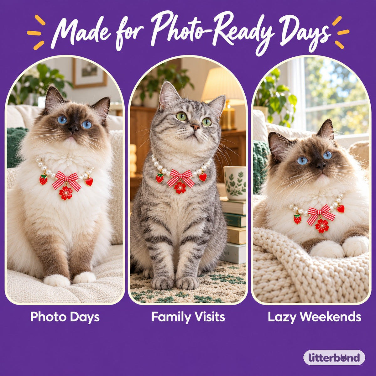 Gingham Bow Pearl Charm Necklace on a cat at home