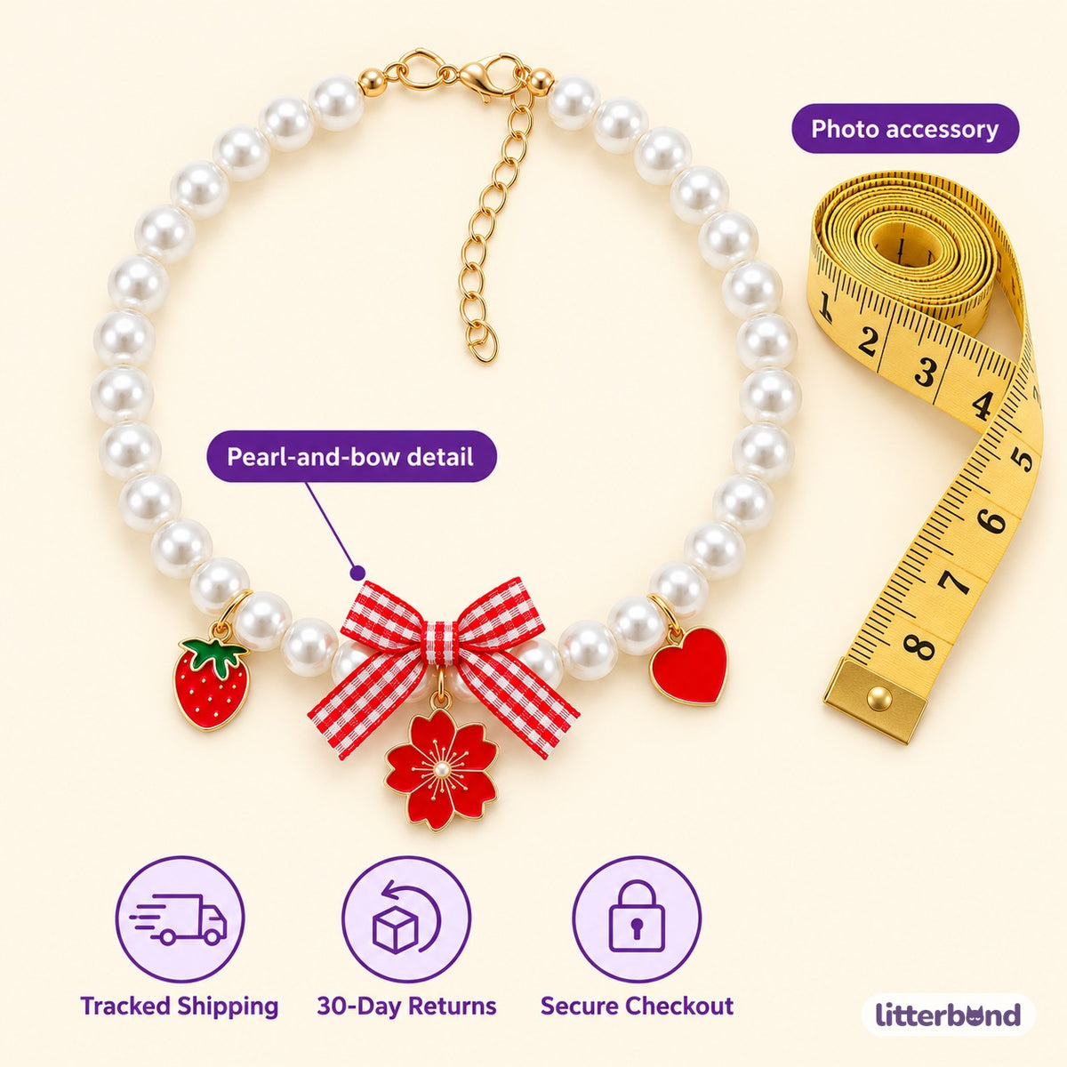 Gingham Bow Pearl Charm Necklace - size and details