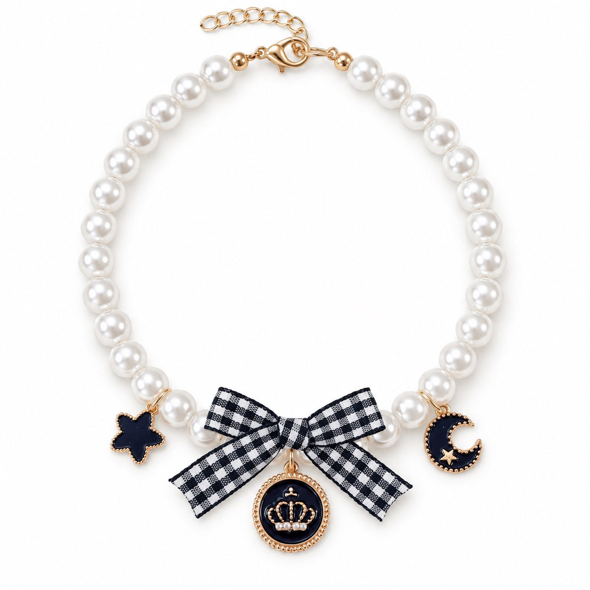 Gingham Bow Pearl Charm Necklace - Black Charm Bow