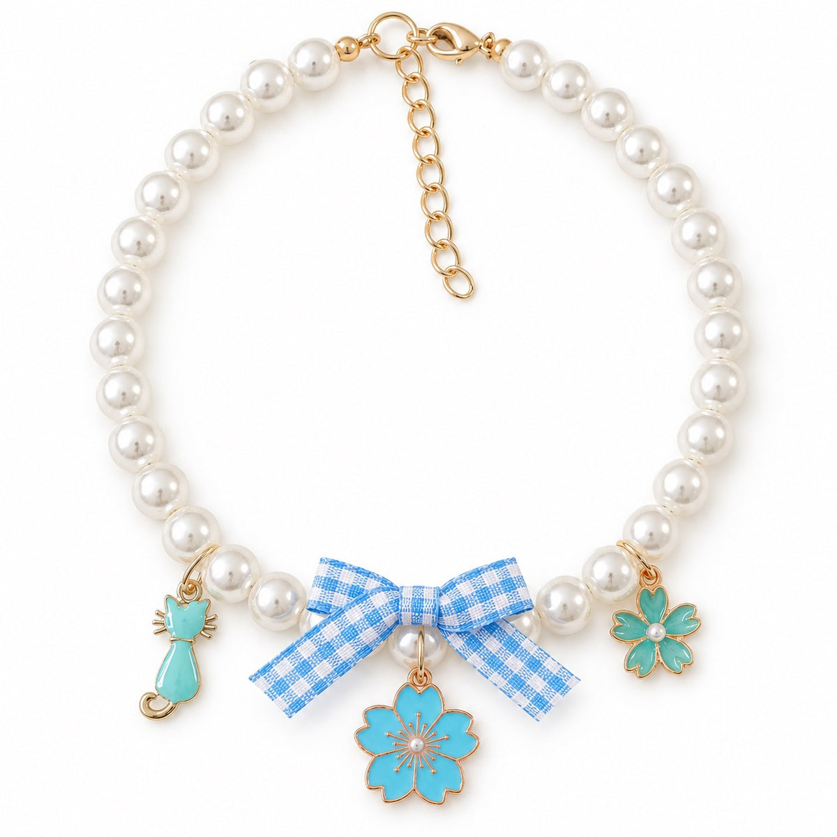 Gingham Bow Pearl Charm Necklace - Blue Garden Flower