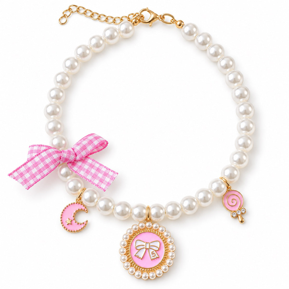 Gingham Bow Pearl Charm Necklace - Pink Bow Medallion