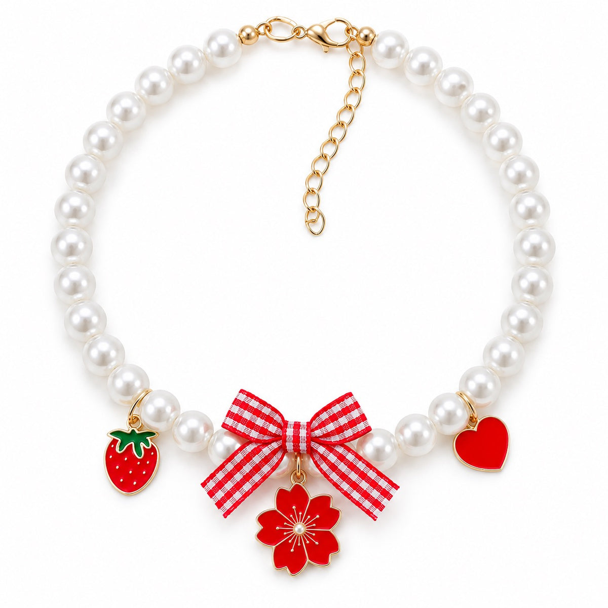 Gingham Bow Pearl Charm Necklace - Red Strawberry Flower