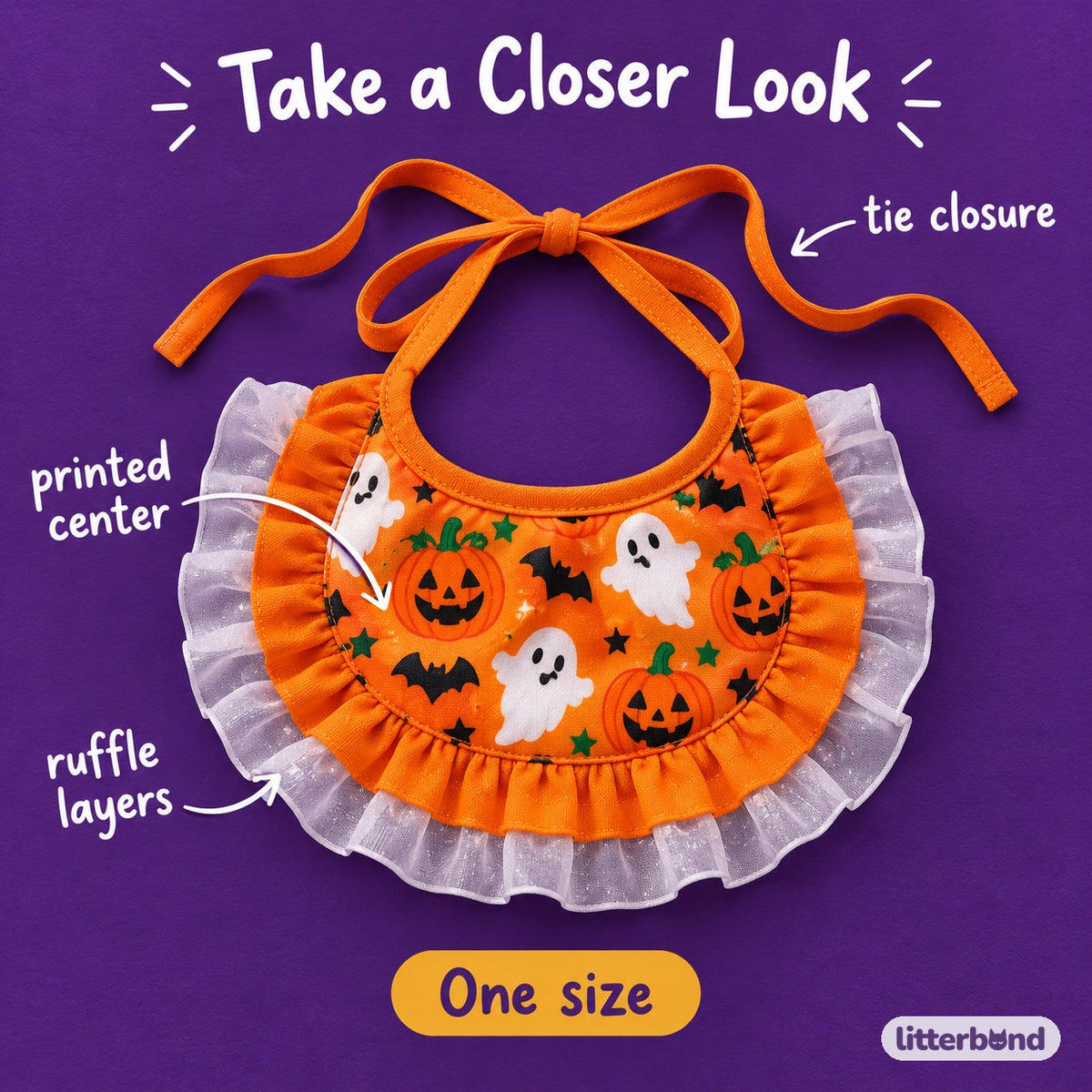 Spooky Print Ruffle Bib - close-up details