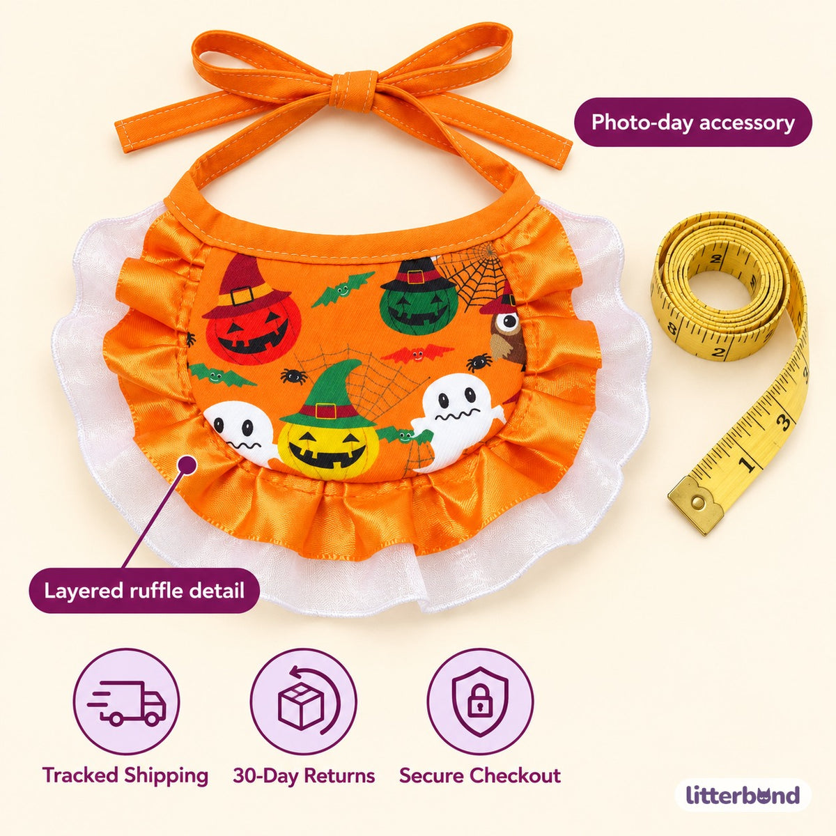 Spooky Print Ruffle Bib - size and details