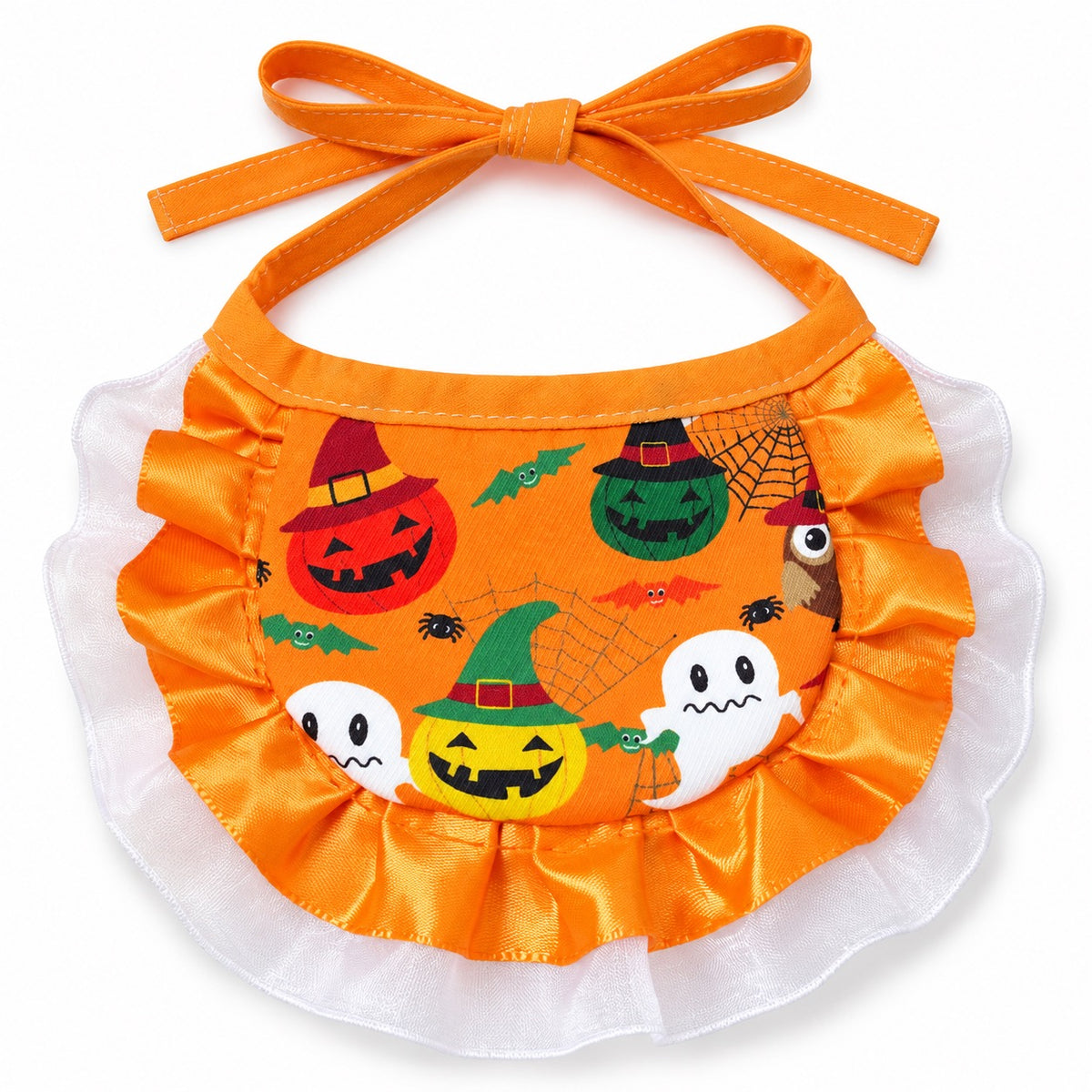 Spooky Print Ruffle Bib - Pumpkin Ghost Orange