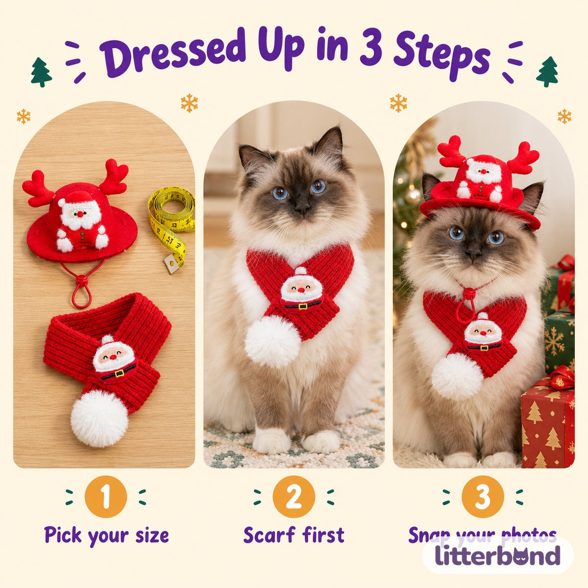 Felt Christmas Hat & Knit Scarf Set how to put it on
