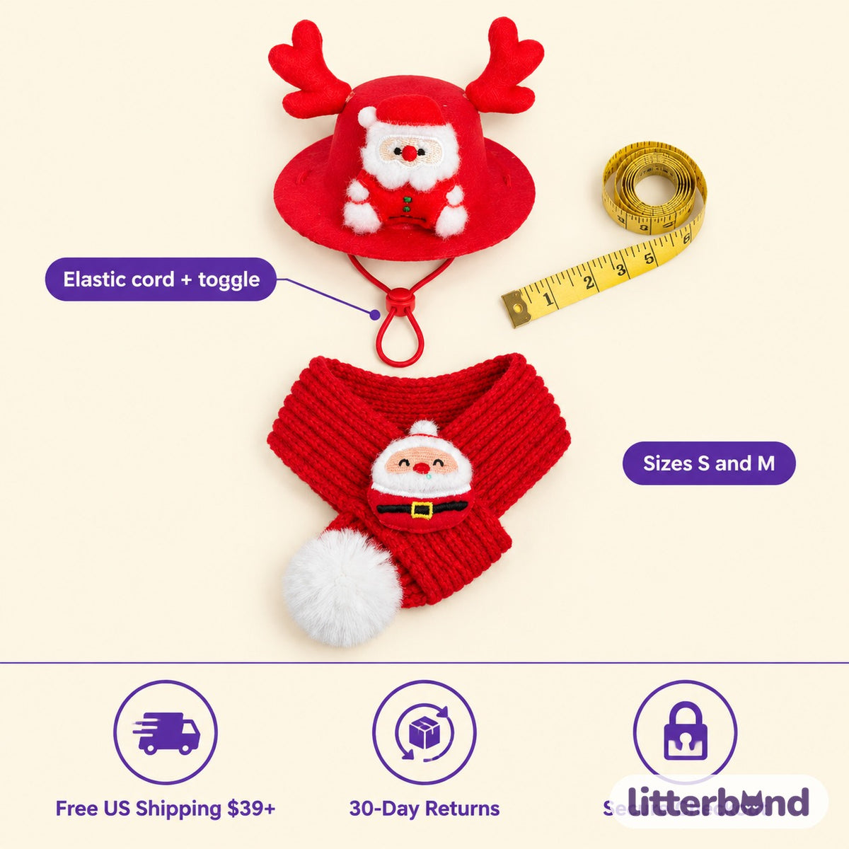 Felt Christmas Hat & Knit Scarf Set size guide