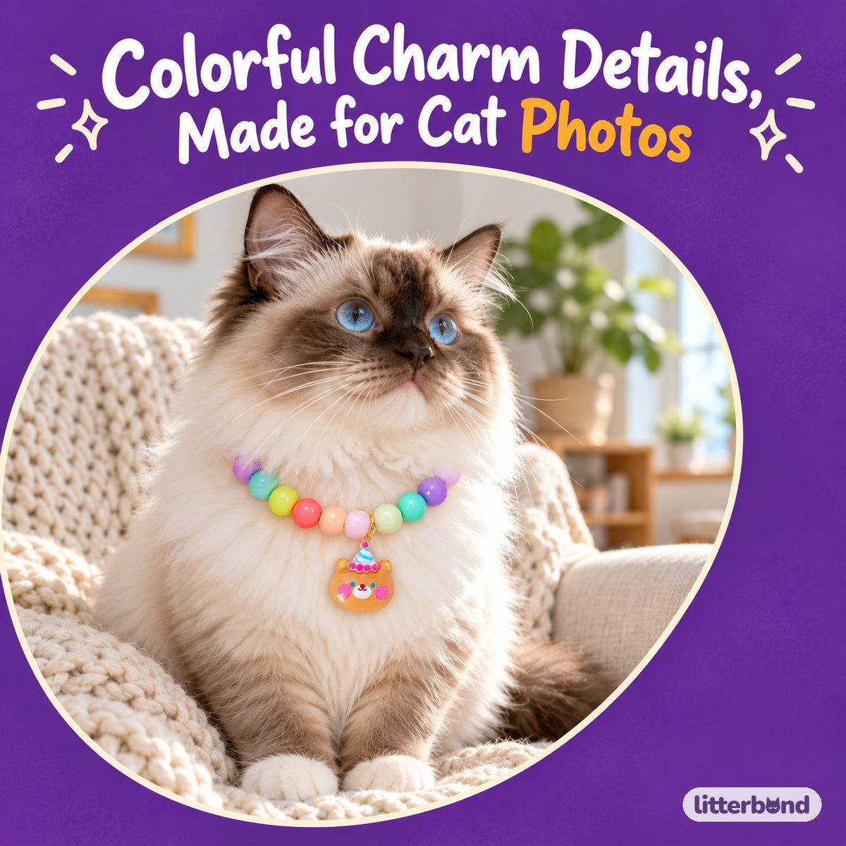 Pastel Beaded Charm Necklace on a cat