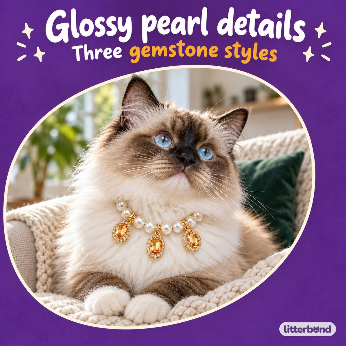 Gemstone Pearl Collar Necklace on a cat