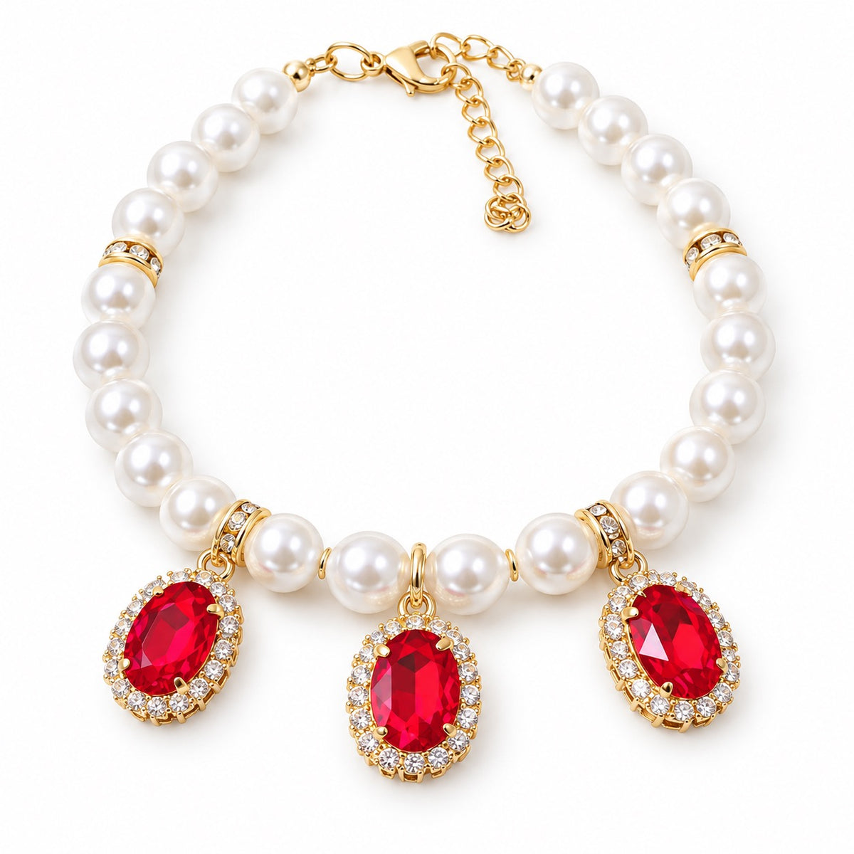 Gemstone Pearl Collar Necklace - Ruby Gemstone