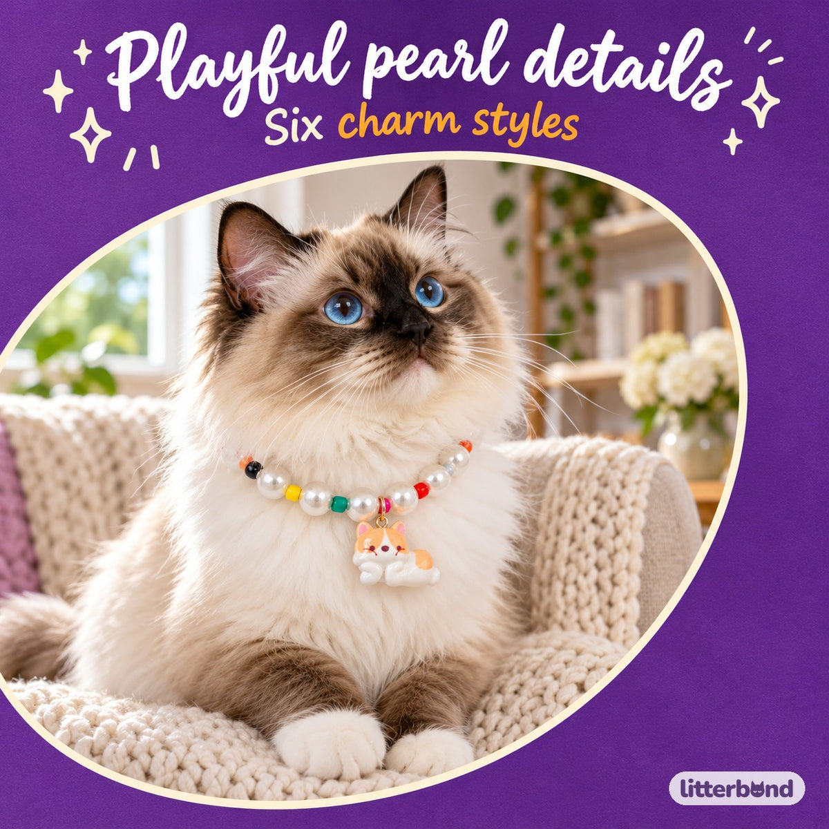 Rainbow Pearl Charm Necklace on a cat