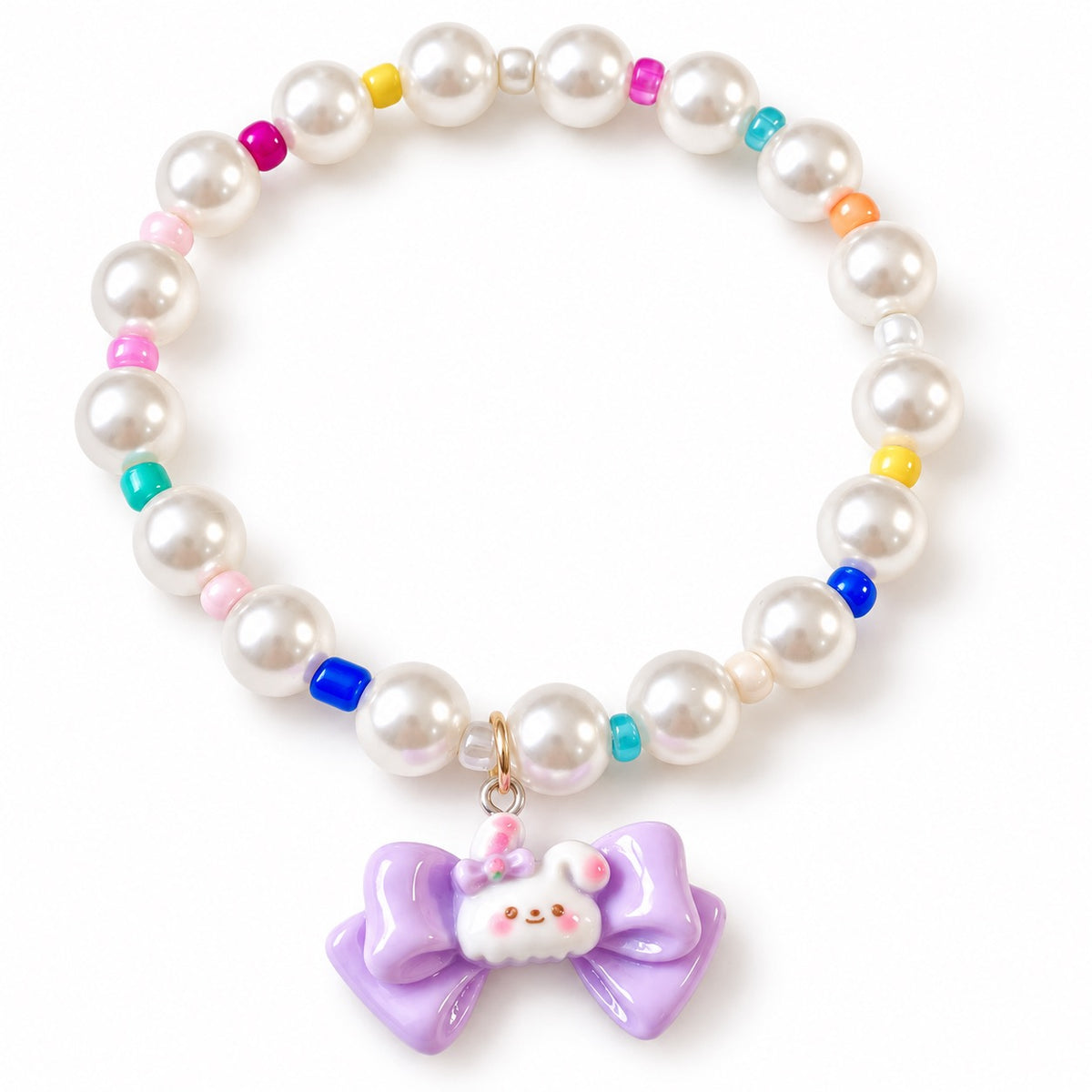 Rainbow Pearl Charm Necklace - Purple Bunny Charm