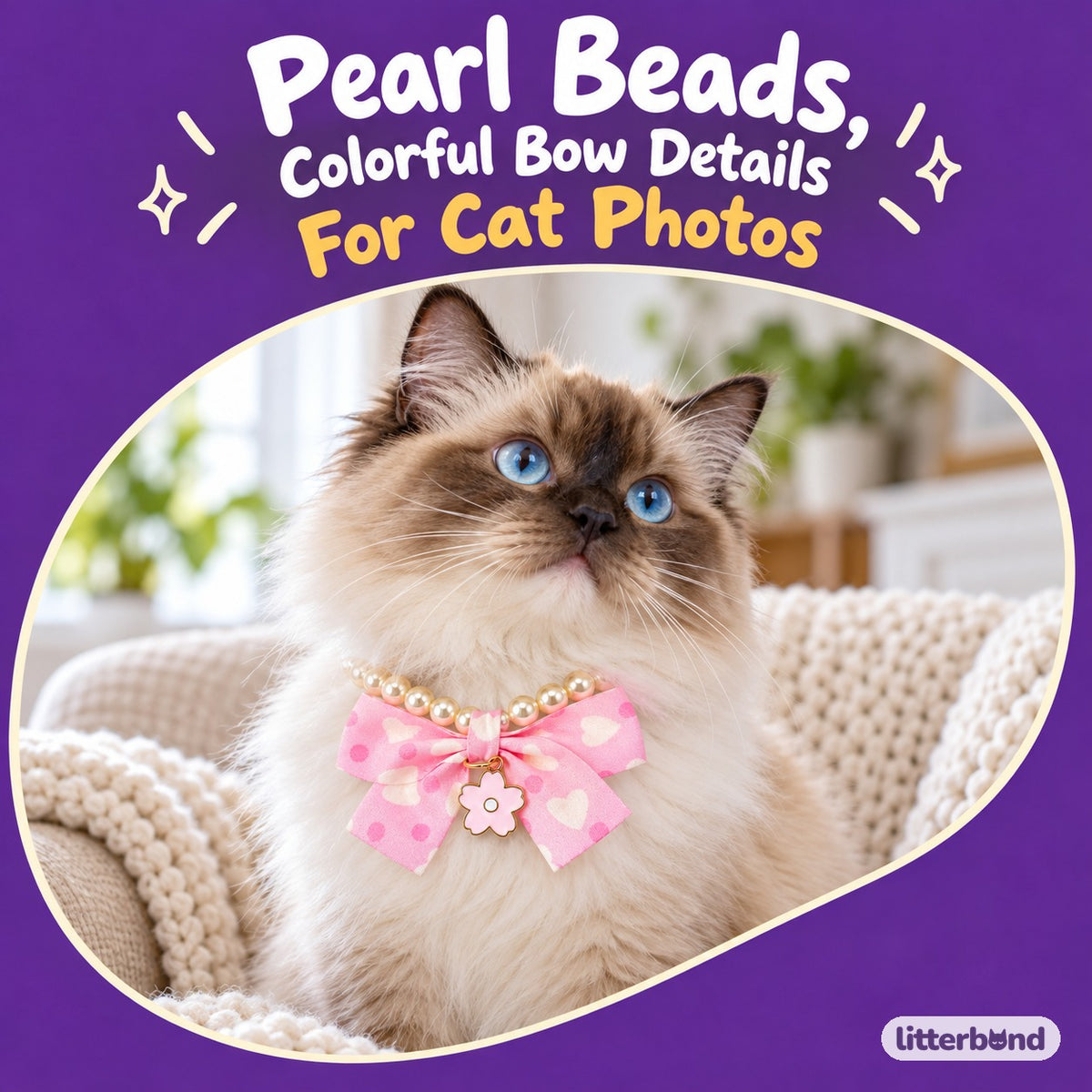Polka Dot Bow Pearl Necklace on a cat