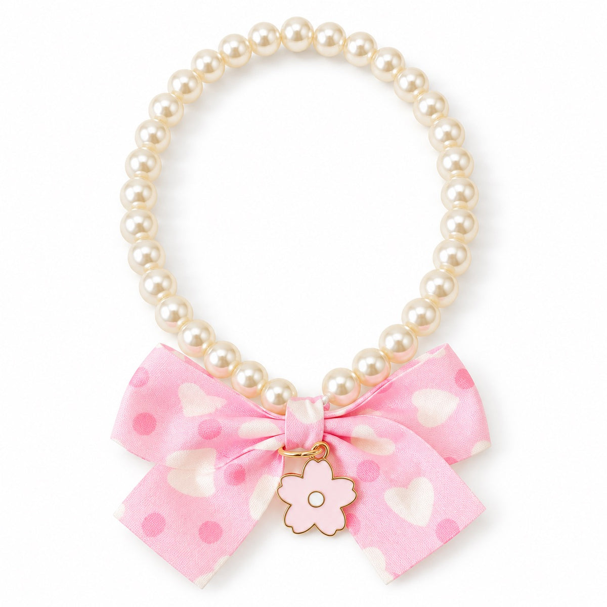 Polka Dot Bow Pearl Necklace - Pink Bow