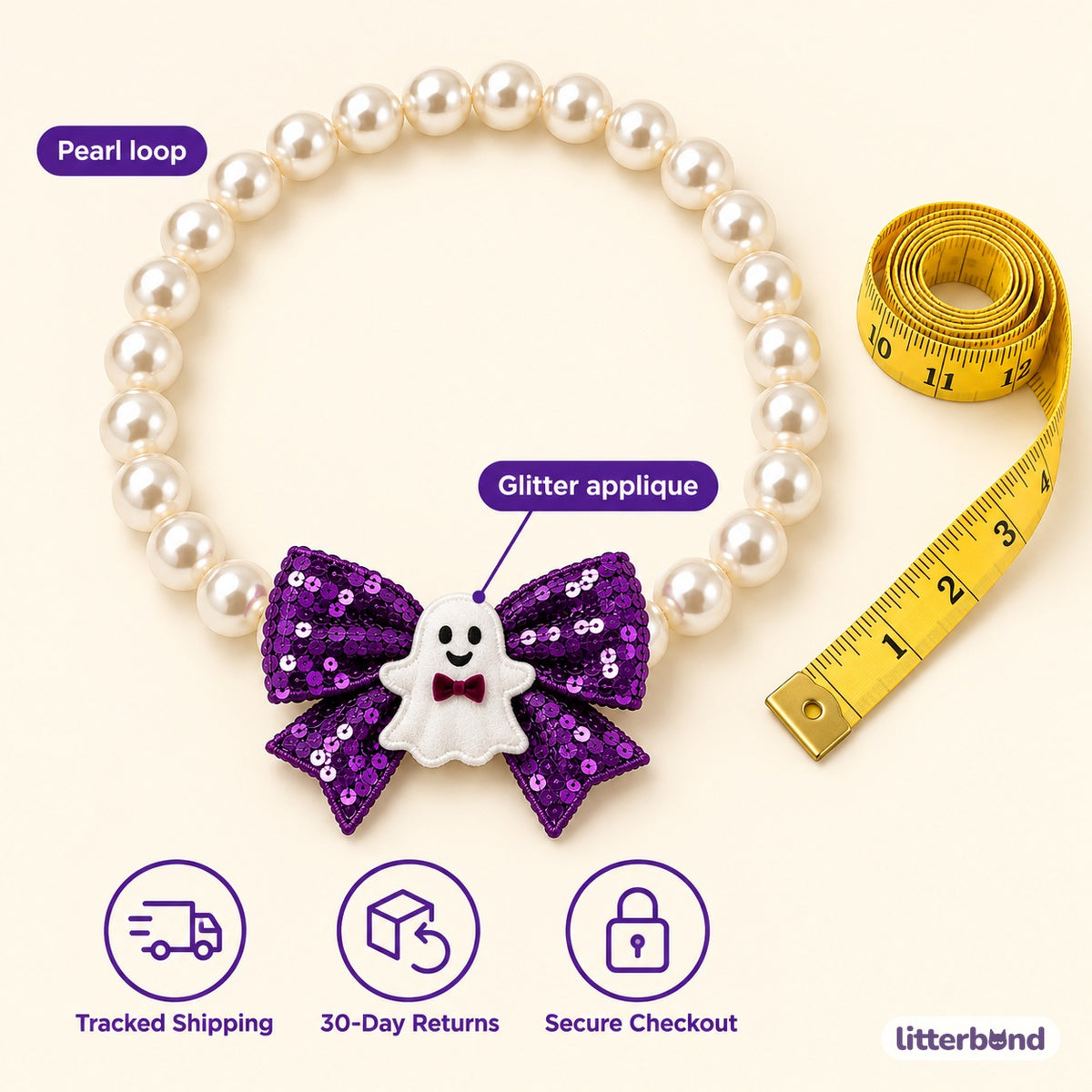 Halloween Pearl Bow Necklace for Photos - size and details