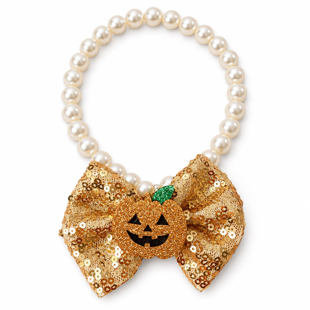 Halloween Pearl Bow Necklace for Photos - Gold Pumpkin