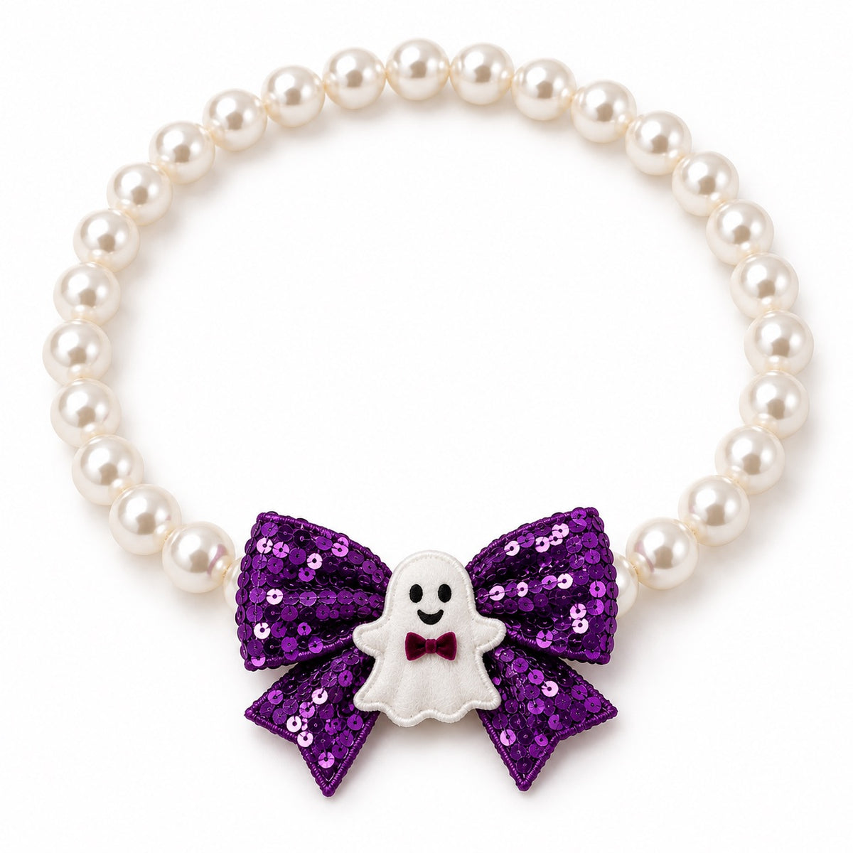 Halloween Pearl Bow Necklace for Photos - Purple Ghost
