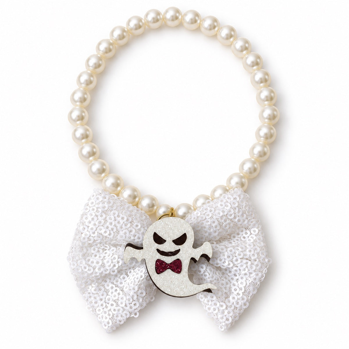 Halloween Pearl Bow Necklace for Photos - White Ghost