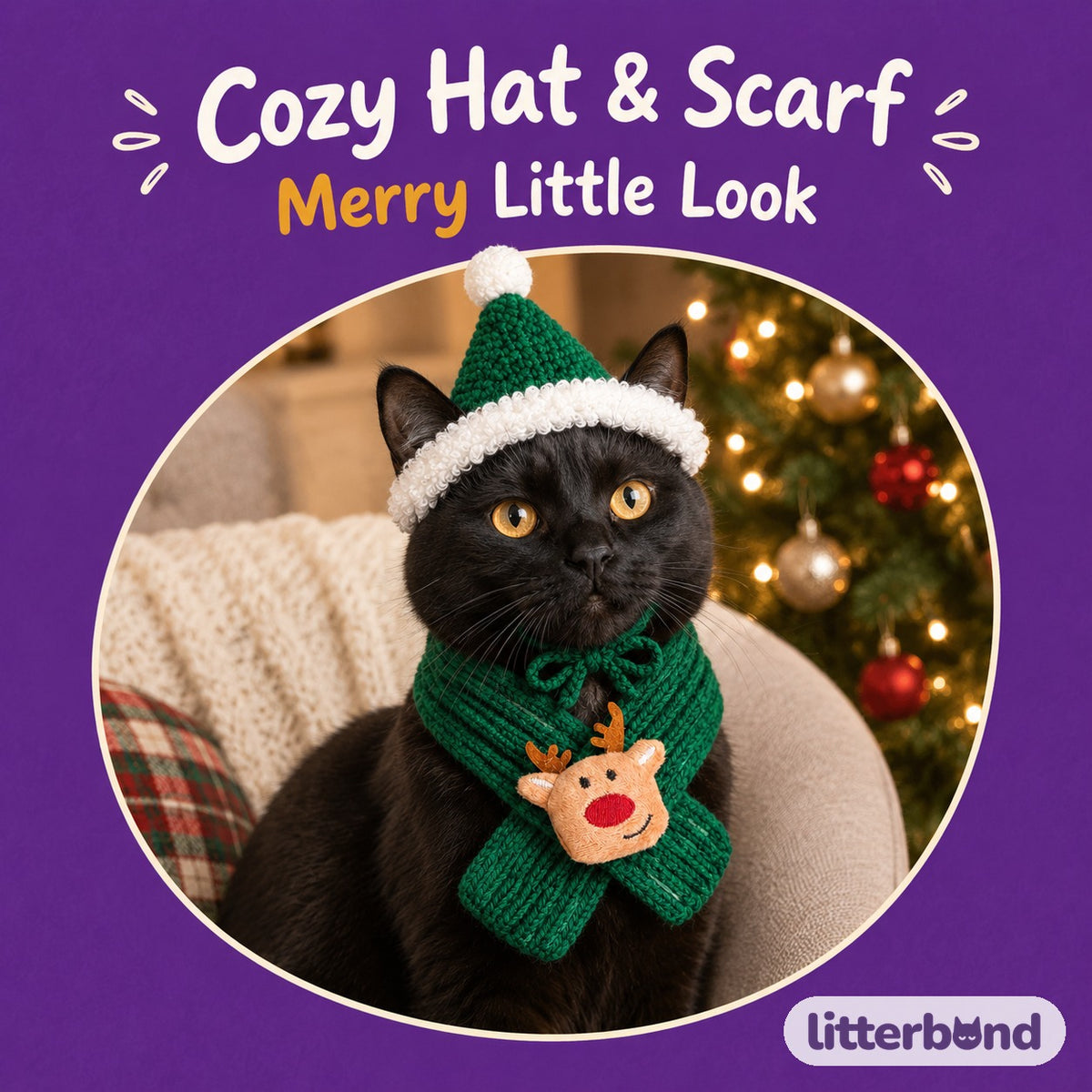 Crochet Christmas Hat & Knit Scarf Set on a cat