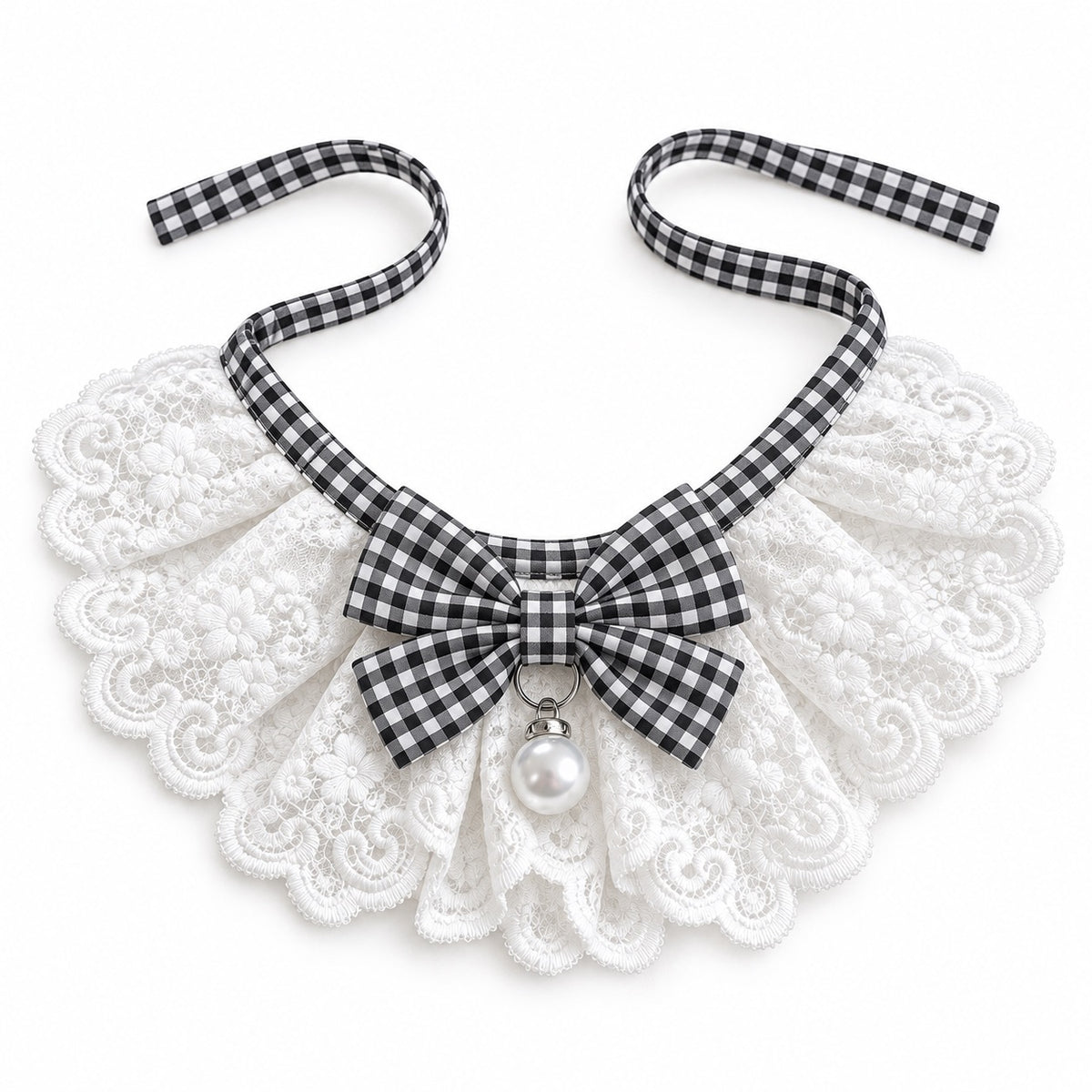 Lace Bow Bib Collar - Black Gingham