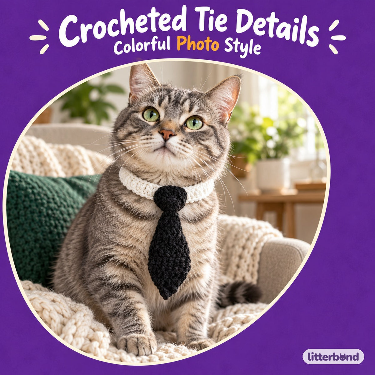 Colorful Crochet Necktie Collar on a cat