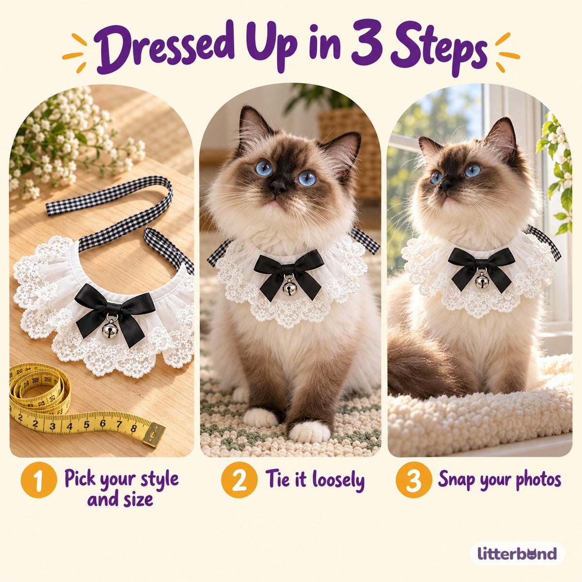 Bow and Strawberry Tie-On Photo Collars - how to put it on