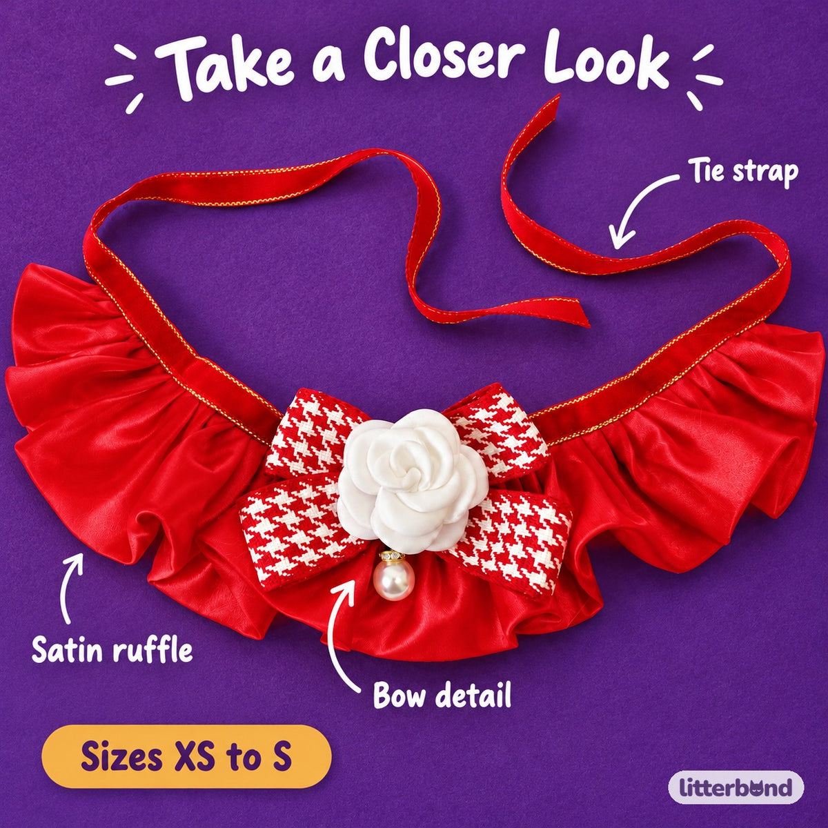 Red Satin Bow Ruffle Collar - close-up details