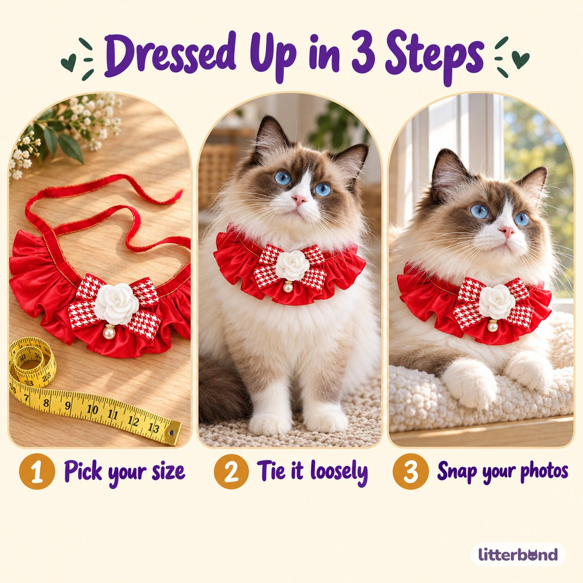 Red Satin Bow Ruffle Collar - how to put it on