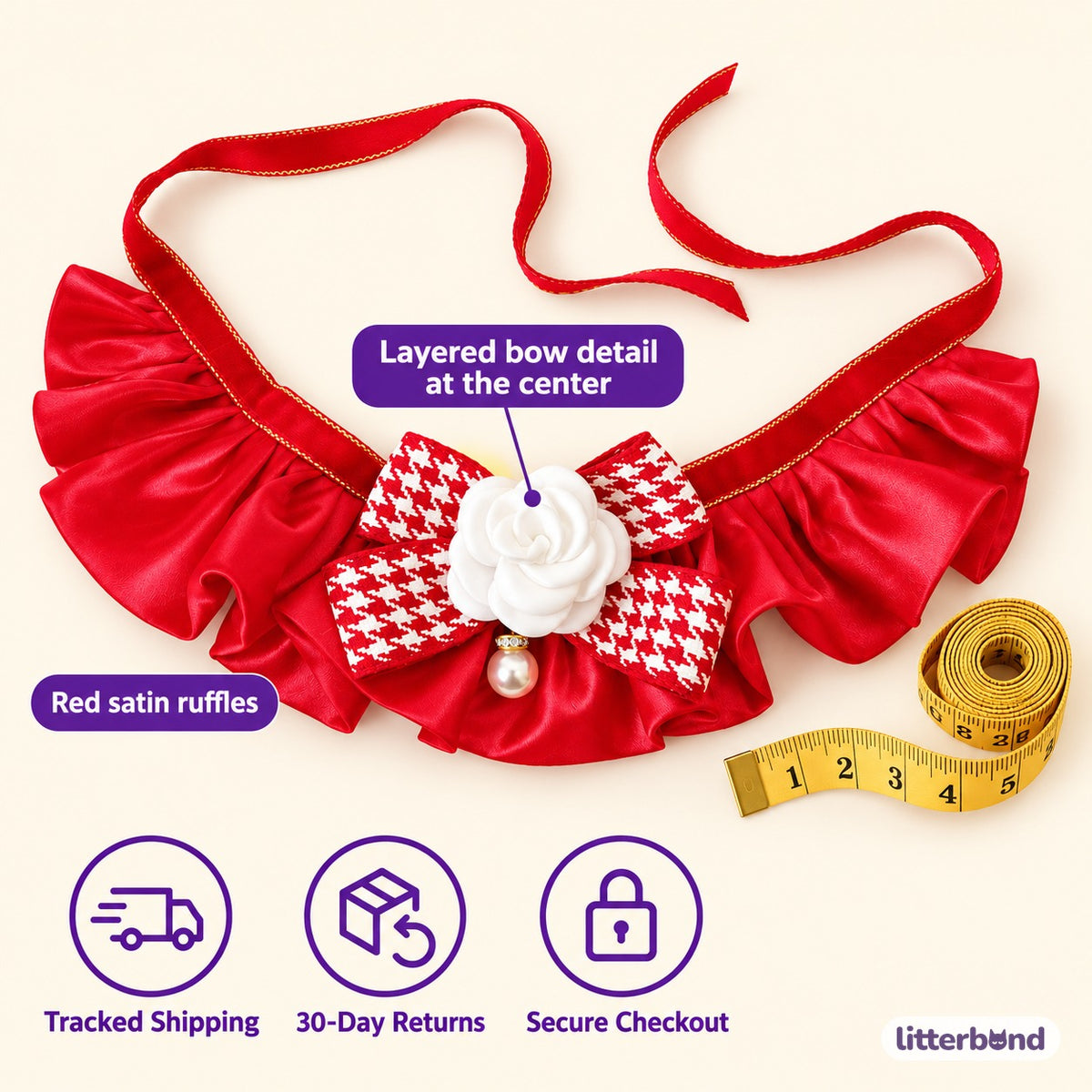 Red Satin Bow Ruffle Collar - size and details