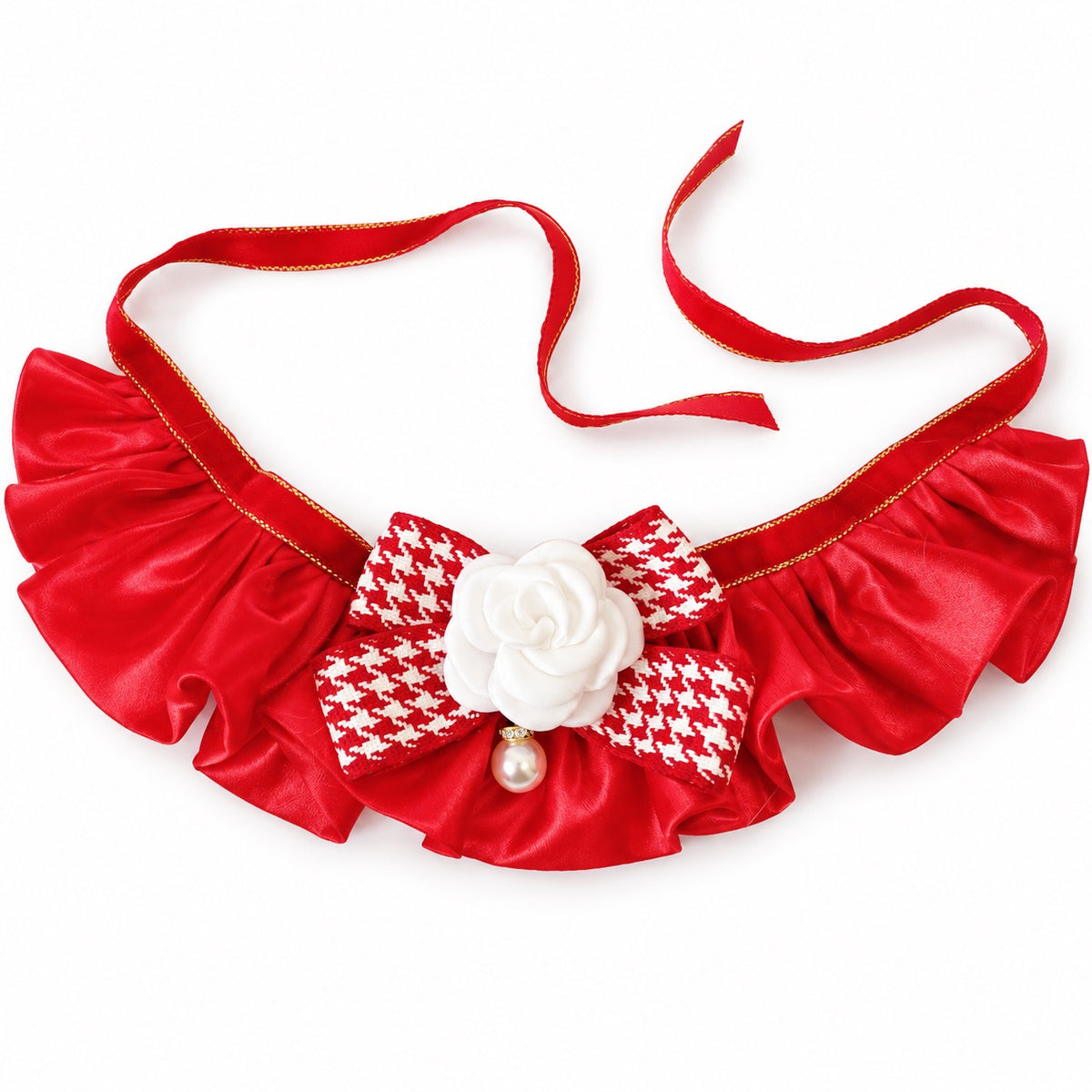 Red Satin Bow Ruffle Collar - Houndstooth Flower Bow